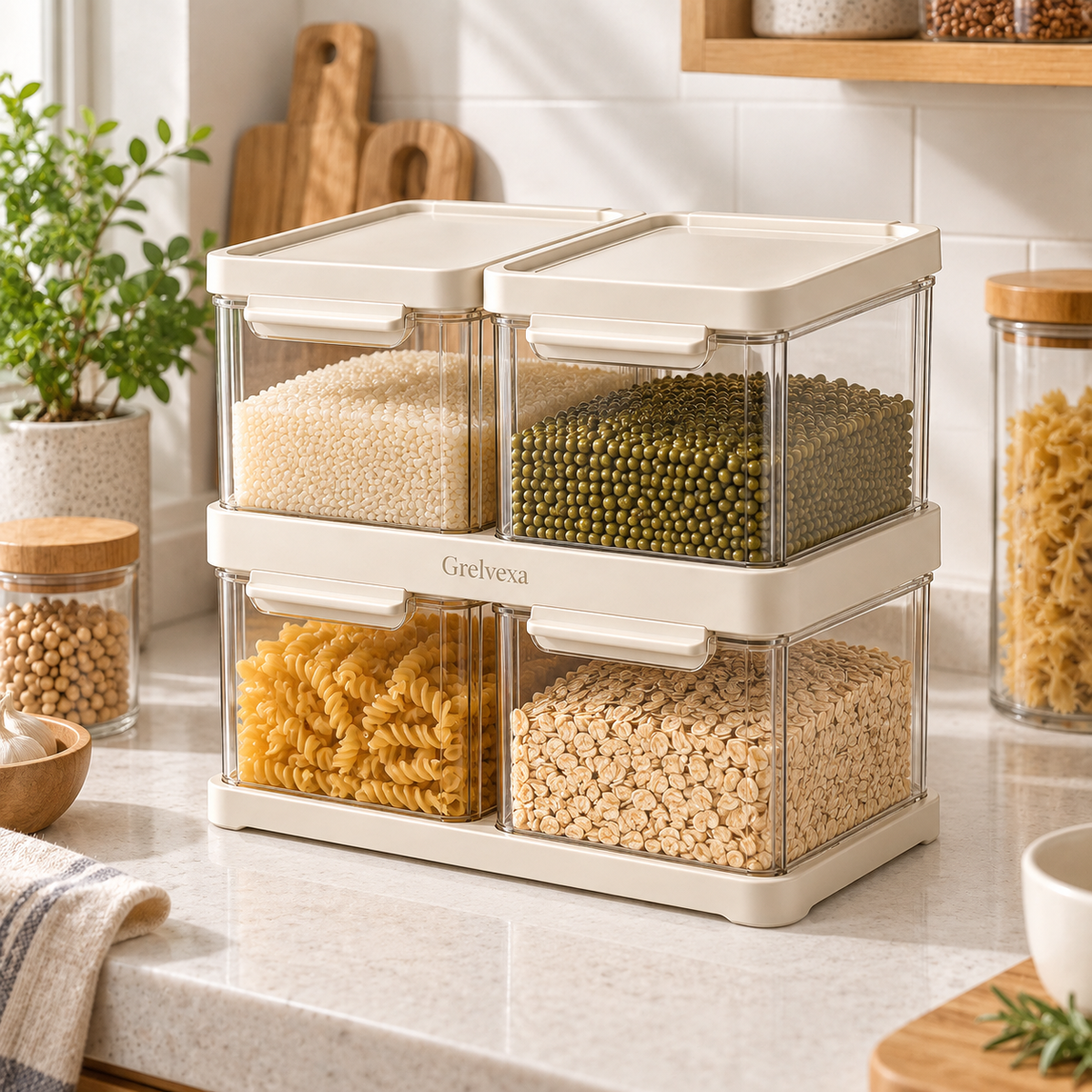 Grelvexa Vela Stackable Pantry Storage Bins – Set of 4